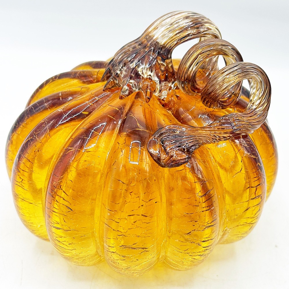 Glass Amber‎ Pumpkin Hand Blown Crackle Finish 5" Diameter